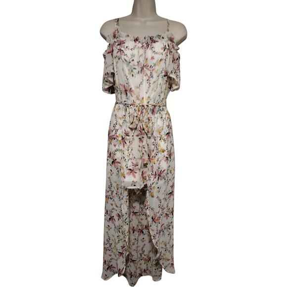 As U Wish Womens Romper Dress Large White Floral Print Cold Shoulder Hi-Low Maxi - Picture 1 of 9